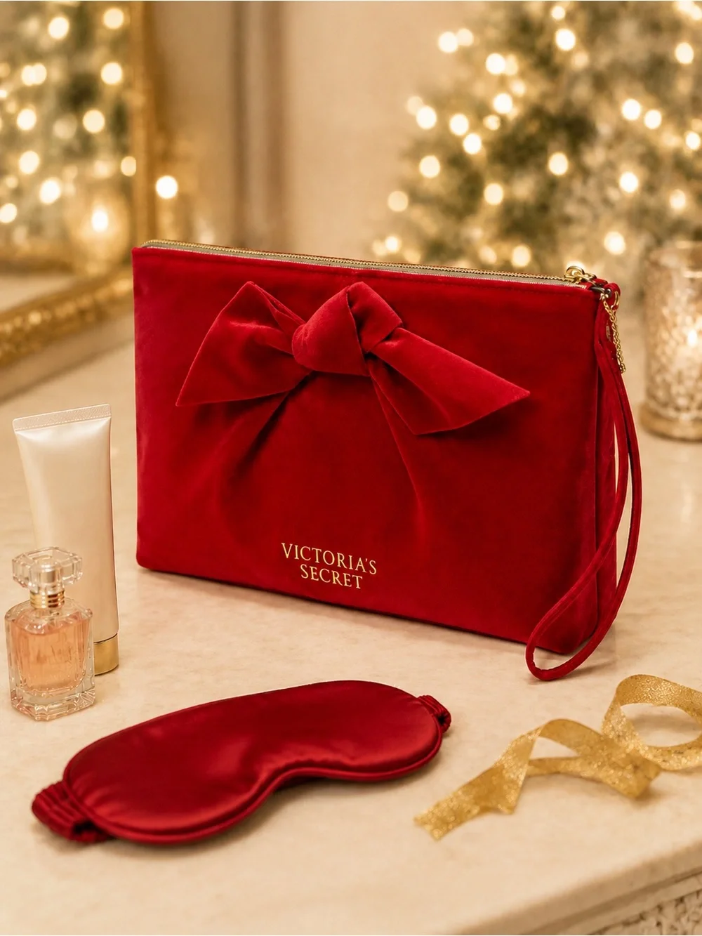 Victoria’s Secret Red Velvet Bow Wristlet Clutch Cosmetic Bag Gold Logo